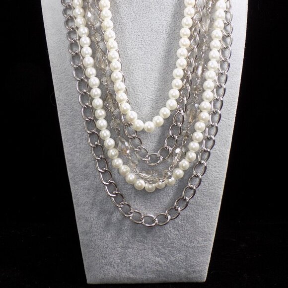 Vintage Premier Designs Faux Pearl Multi Layer Necklace Silver Tone Magnetic - Picture 3 of 10